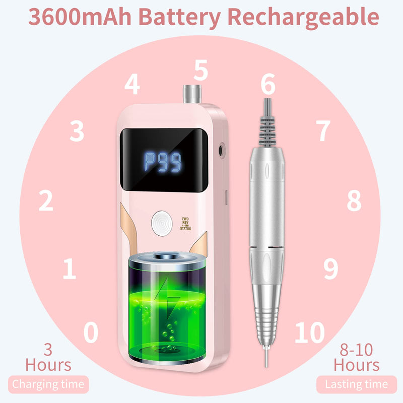 MOCOWIND Portable Nail Drill Professional 35000 RPM, Rechargeable Electric Nail File Machine Cordless E-File for Acrylic Gel Polishing Removing with Bits Kit for Manicure Salon Home, Pink - BeesActive Australia