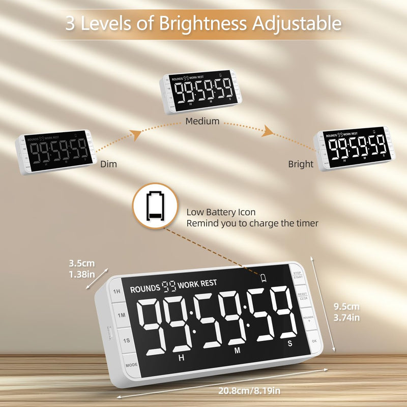 Rechargeable Kitchen Timer - 7.8" Extra Large Display, Magnetic LED, 5 Alarms, 99H Countdown/Countup for Cooking, Classroom, Home Gym White - BeesActive Australia