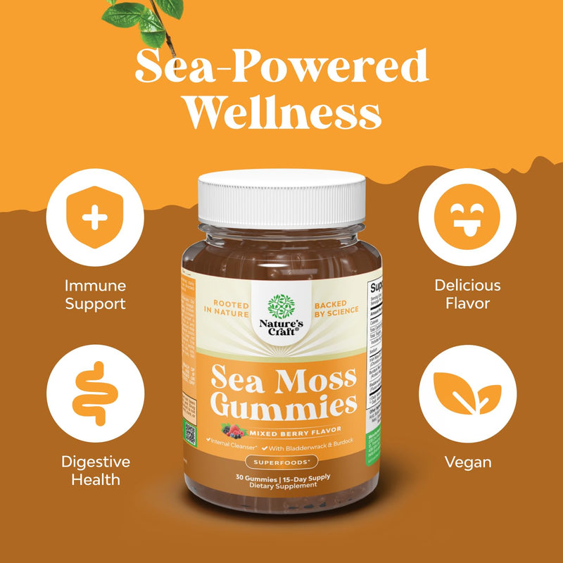 Sea Moss Gummies for Adults and Kids - Vegan Adult and Kids Immune Support Gummies with Burdock Bladderwrack Sea Moss Gel - Delicious Berry Flavor Supplement Men Women Children - 30 Count 30 Count (Pack of 1)