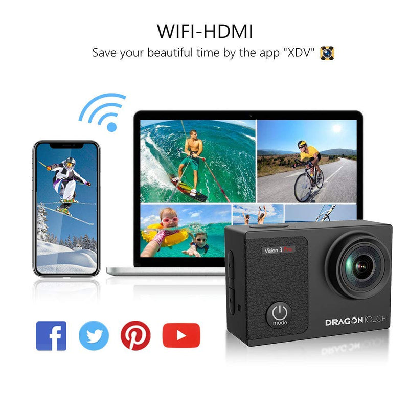 Dragon Touch 4K Underwater HD Action Camera, Vision 3 Pro Touch Screen 20MP 100FT Waterproof Video Camera Adjustable View Angle WiFi Sports Camcorder with Remote Control Helmet Accessories - BeesActive Australia
