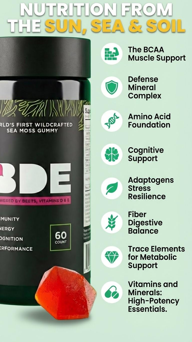 BDE Wildcrafted Sea Moss Gummy Maca Root, Beets, Lions Mane Mushroom, Vitamin D + E - Vegan Collagen, Zinc, Immunity & Detox, Gut Health - 60 Count 60 Count (Pack of 1)