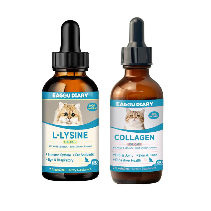 Collagen for Cats - Skin Coat & Hip Joint Supplement + L-Lysine for Cats, Cat Lysine Drops, Immune Support Supplement