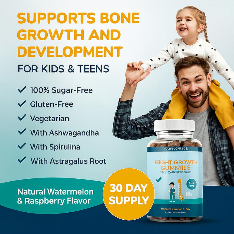 Akros Growth Gummies for Kids & Teens | Sugar-Free Calcium + Vitamin D3 & K2 Gummies - Height & Bone Support | Ashwagandha, Spirulina, L-Arginine | Non-GMO, Gluten-Free, 60 Raspberry-Watermelon Bears