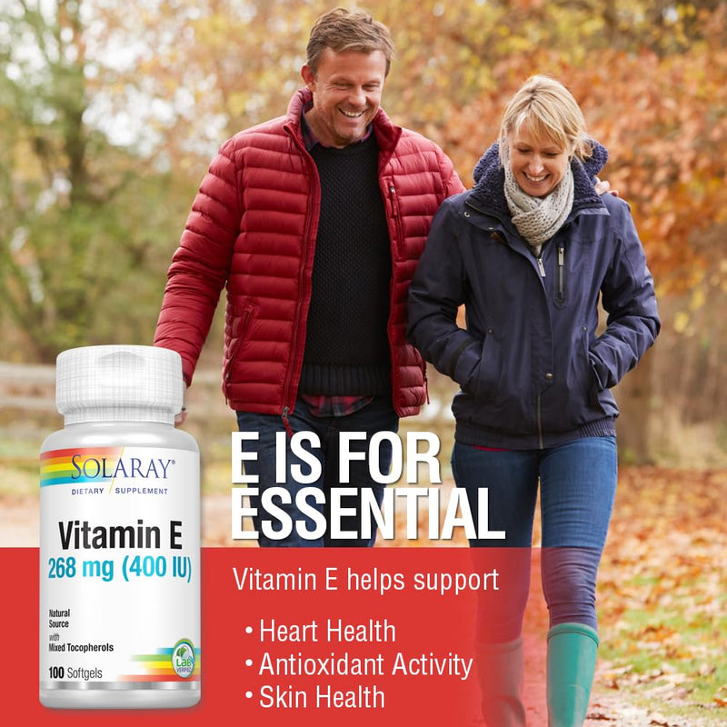 SOLARAY Vitamin E d-Alpha Tocopherol 268mg (400 IU) | Heart & Skin Health, Antioxidant Activity Support | 100ct Unflavored 100 Count (Pack of 1)