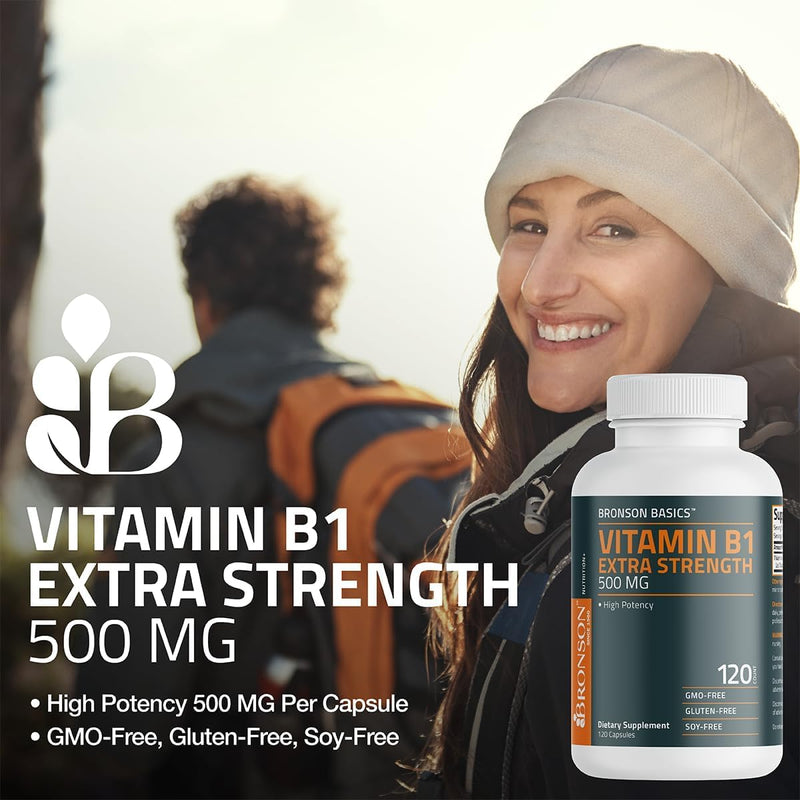 Bronson Vitamin B1 Extra Strength 500 MG High Potency Non-GMO, 60 Capsules Unflavored 60 Count (Pack of 1)