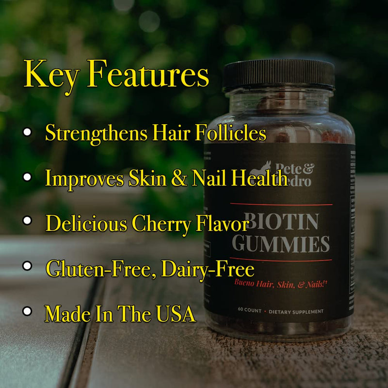Pete & Pedro Biotin Gummies Supplements for Hair, Skin, Nails, 60 Count | Cherry-Flavored Hair Strengthening Biotin Gummies For Hair, Skin, And Nails With 5000mcg Per Serving, For Men & Women