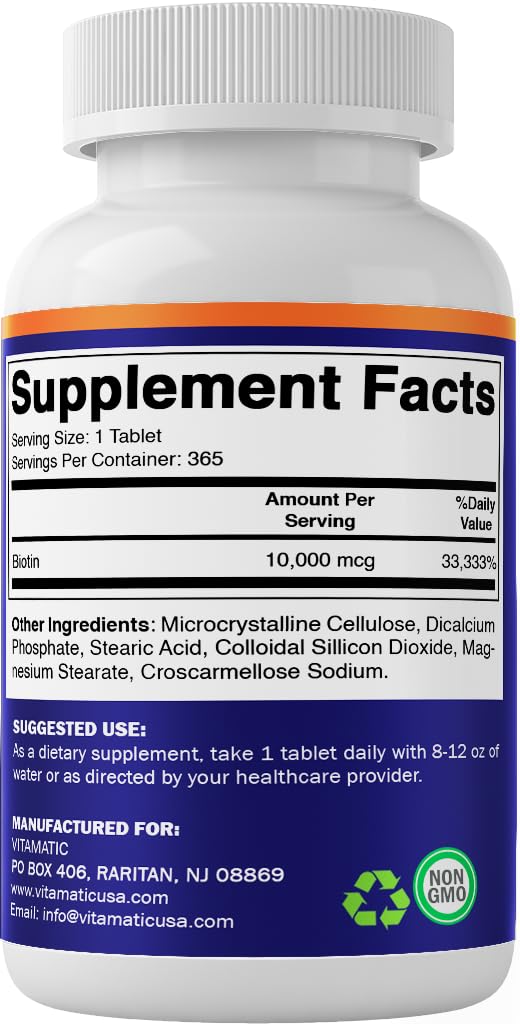 Vitamatic Biotin 10,000 mcg (10 mg) for Stronger Hair, Skin & Nails - 365 Vegan Tablets- Also Called Vitamin B7-4 Pack 730 Count (Pack of 2)