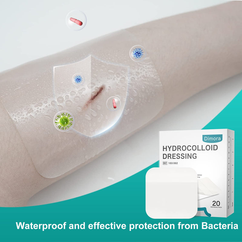 Dimora 20 Pack Hydrocolloid Wound Dressing, Ultra Thin 4" x 4" Large Patch Bandages with Self-Adhesive 4×4 - 20pcs 0.3mm thickness