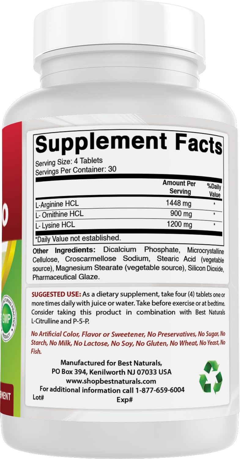 Best Naturals Tri-Amino with L-Arginine, L-Ornithine, L-Lysine 120 Tablets (New Improved Formula) 120 Count (Pack of 1)