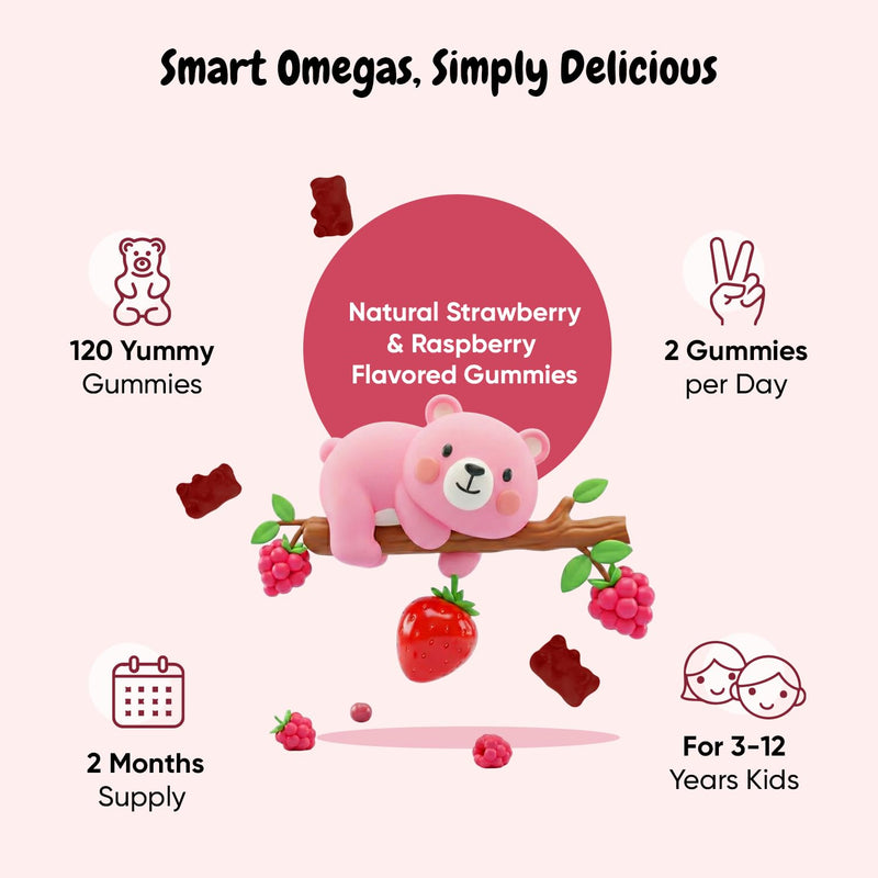 maxmedix Kids Omega 3 6 9 Gummies | Plant-Based Fatty Acids for Brain, Learning & Focus Support | 120 Gummies (2-Month Supply) | Omega 3 for Kids with No Fishy Taste | Strawberry & Raspberry Flavor