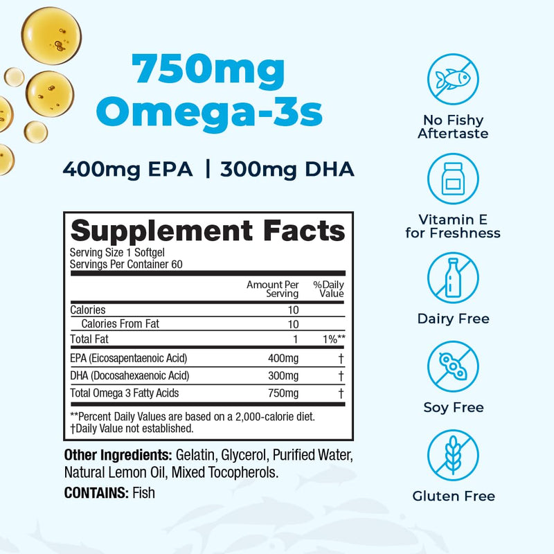 VitaMedica Super EPA/DHA Fish Oil, 750mg Omega-3-60 Servings | High-Potency Essential Fatty Acids, Heart Health, Brain Health & Immune System Support