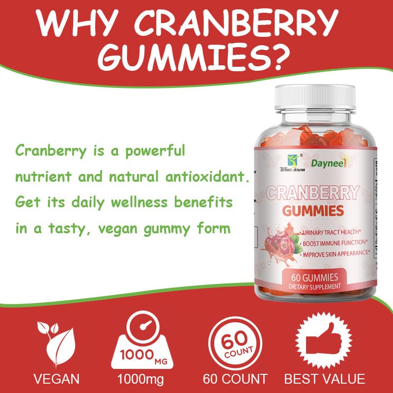 Cranberry Gummies for Women, Urinary Tract Support, 60 Count | Cranberry supplement gummies with vitamin C and E, vegan and non-GMO, for daily urinary tract wellness