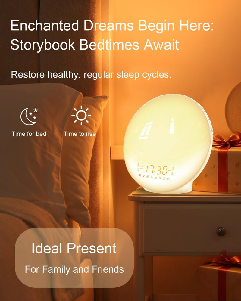 Sunrise Alarm Clock, Digital Alarm Clock Wake Up Light Dual Alarms an with Radio, Brightness Adjustable Night Light Sunrise/Sunset Simulation 7 Natural Sounds Colorful Lamp FM Radio USB Charger Port White - BeesActive Australia