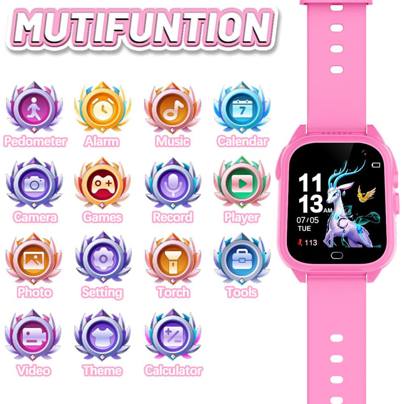 OVV Kids Waterproof Smart Watch Boys Girls Age 3-12 Learning Systems Toys with 26 Game 1.44'' HD Touch Screen Music Player Camera Video Recorder 12/24 Hr Clock Pedometer Alarm Torch Calculator pink - BeesActive Australia