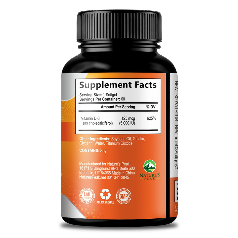 Vitamin D-3 5000 IU (125 mcg) Per Serving Softgels - Extra Strength Vitamins D Dietary Supplement for Bone, Teeth, Muscle Health & Immune Support, Rapid Absorbtion USA Bottled, Gluten Free - 60 Count 60 Count (Pack of 1)