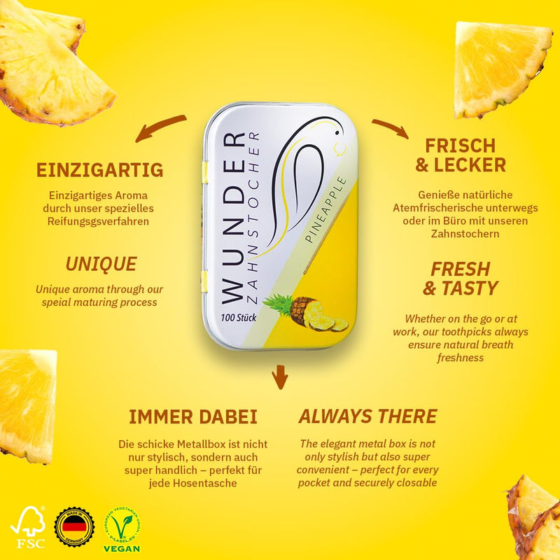 Wonder Toothpick - Flavoured toothpicks - Stop Nail Biting - Fresh Breath with Flavoured toothpicks - Teeth Cleaning to go - Sugar-Free, Vegan Pineapple - Ananas - BeesActive Australia