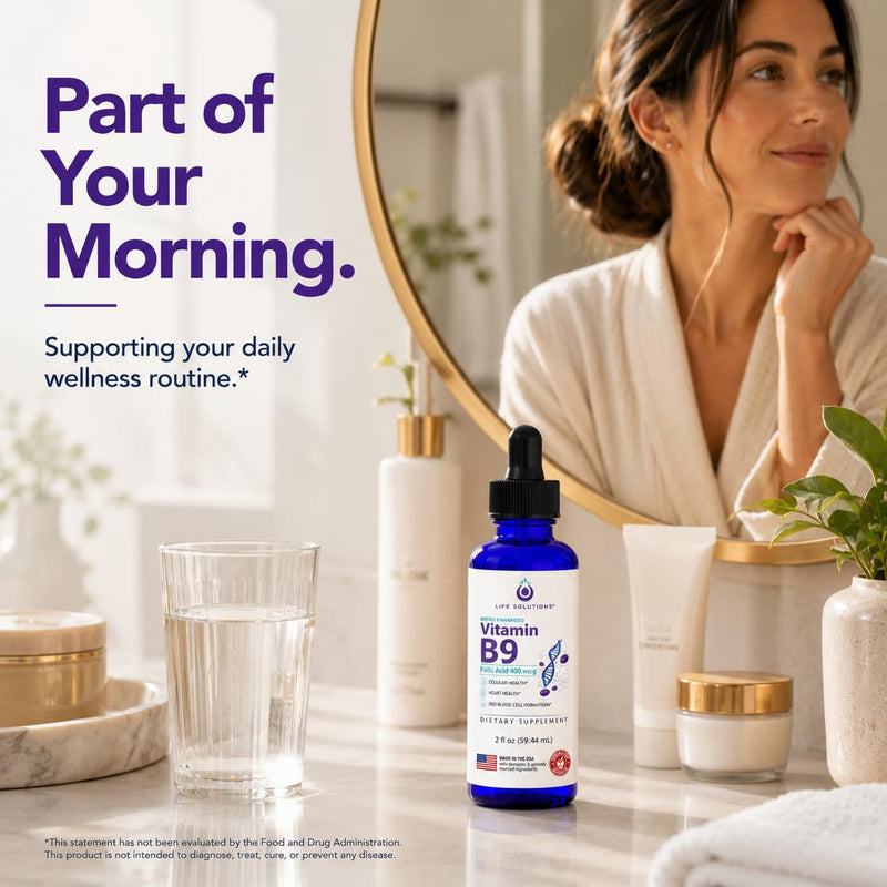 Life Solutions Vitamin B9 Liquid Drops, Folic Acid 400 mcg, 2 fl oz | 400 mcg folic acid per serving in convenient liquid drops with a precision dropper for easy daily use.