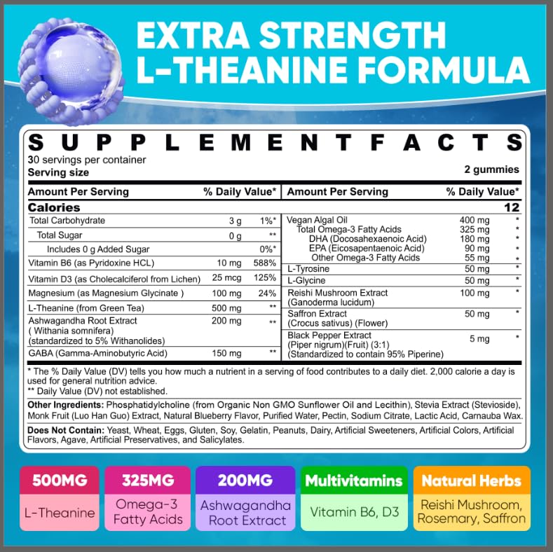 L Theanine Calm Gummies 500mg + Saffron + Magnesium Glycinate + GABA,120Cts | Sugar-Free Liposomal L-Theanine Supplement, w/Ashwagandha, Algae Omega-3, Vitamin D3 B12, for Brain Calm, Relax, Mood, Zzz 60 Count (Pack of 2)