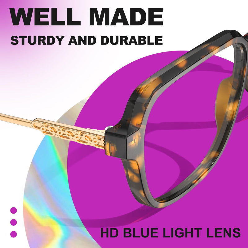 VISOONE Oversized Blue Light Blocking Glasses with Chic Square TR90 Frame and Metal Temple for Women Men REMY Remy Upg Coco Tortoise