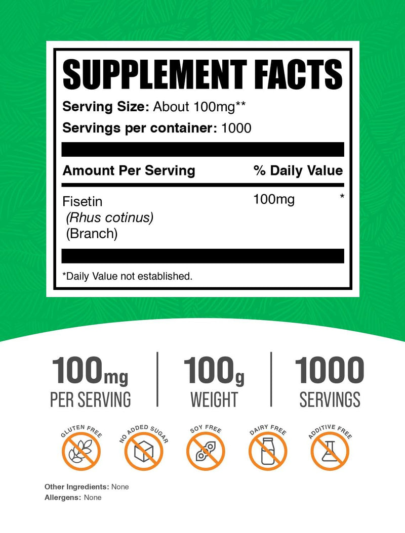 BulkSupplements.com Fisetin Powder - Nutritional Supplement, Fisetin 100mg, Antioxidants Source - Pure & Gluten Free, 100mg per Serving, 100g (3.5 oz) (Pack of 1) 3.5 Ounce (Pack of 1)