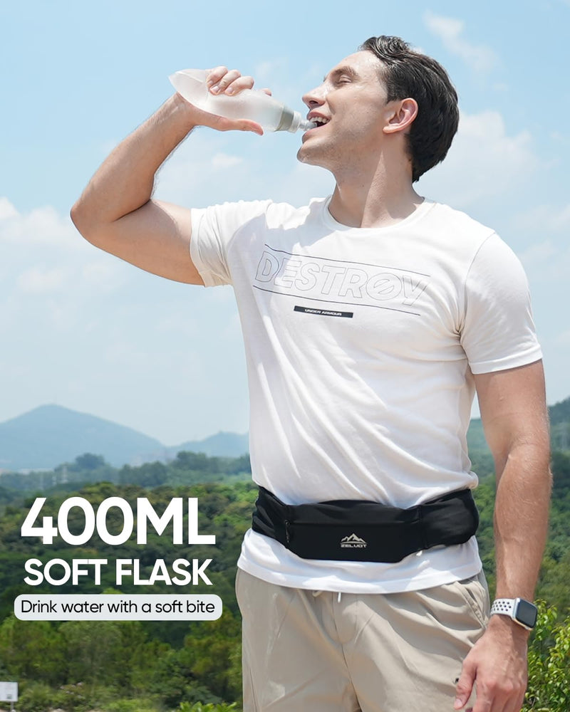 Running Belt with 400ml Water Bottle, Adjustable Running Fanny Pack with Phone Holder and Gym Towel, Waterproof Belt Bag for Women Men for Jogging Hiking Marathon (Black, M/L) - BeesActive Australia