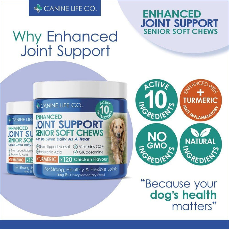 Canine Life Co. Senior Dog Joint Supplement – 10 Active Ingredients with Glucosamine, Green Lipped Mussel & Turmeric – High Strength Soft Chews for Dogs Aged 8+ – 120 Chicken-Flavoured Treats