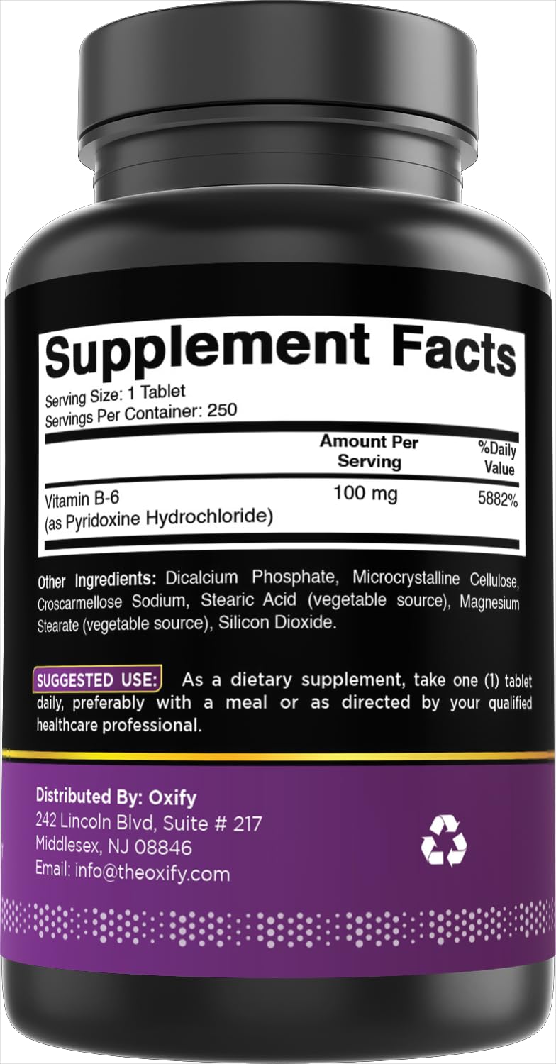 Oxify Vitamin B-6 100 mg, 250 Tablets | Gluten-Free, Non-GMO, Supplement Made in USA