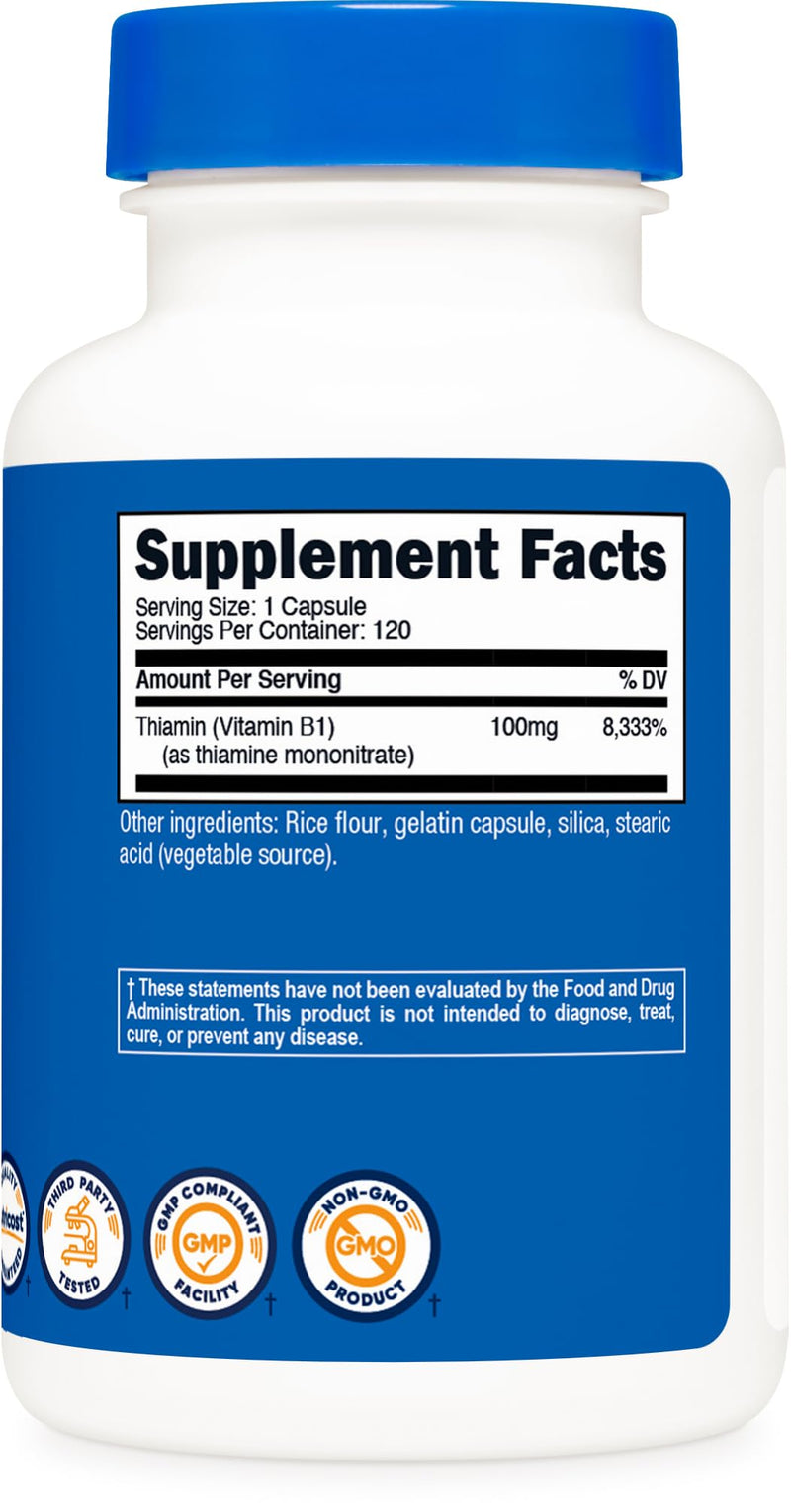 Nutricost Vitamin B1 (Thiamine) 100mg, 120 Capsules, Gluten Free | GMO-Free 120 Count (Pack of 1)