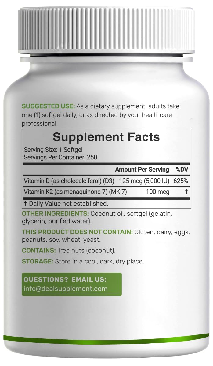 DEAL SUPPLEMENT Vitamin D3 5,000 IU + K2 MK7 100mcg Softgels | 2-in-1 Complex with Virgin Coconut Oil | Supports Heart, Bone, Teeth & Immune Health | Easy to Swallow