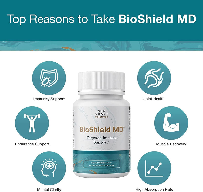 SUN COAST SCIENCES BioShield MD from Premium Immunity Support with Vitamin C, Vitamin D, Zinc, for Focus, Clarity, Joints Healthy and Muscle Recovery (60 Capsules)