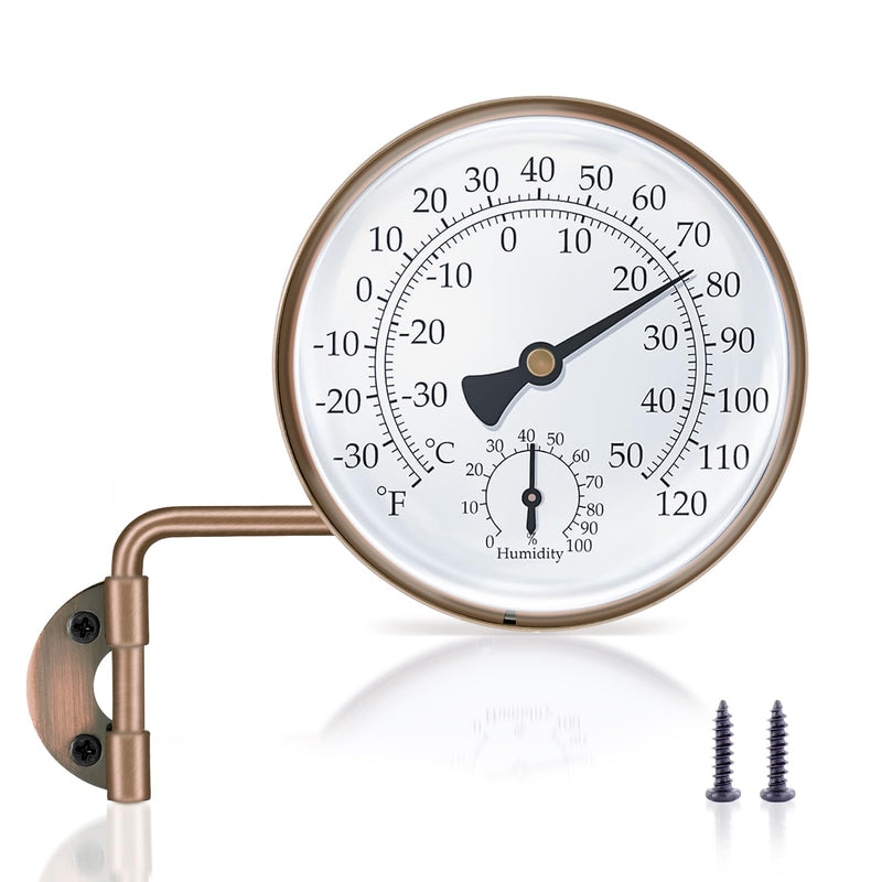 4 Inch Brass Outdoor Thermometer, Outside Decorative Thermometer for Patio, Window, Greenhouse, Garage, Brass Swivel Temperature Gauge with Humidity, Analog Temperature Gauge 4 Inch without Stand
