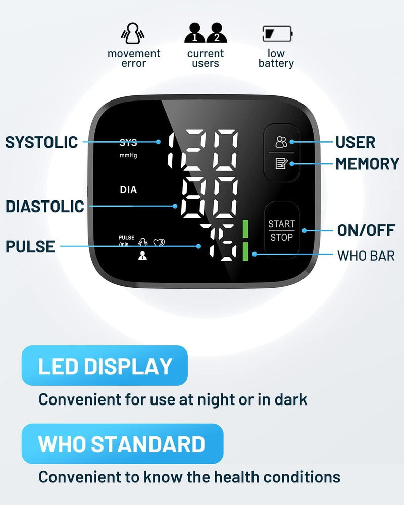 Blood Pressure Monitor LED Backlit Display Automatic Wrist Cuff Blood Pressure Monitors for Home Use 120x2 Reading Memory with Carrying Case, Black - BeesActive Australia