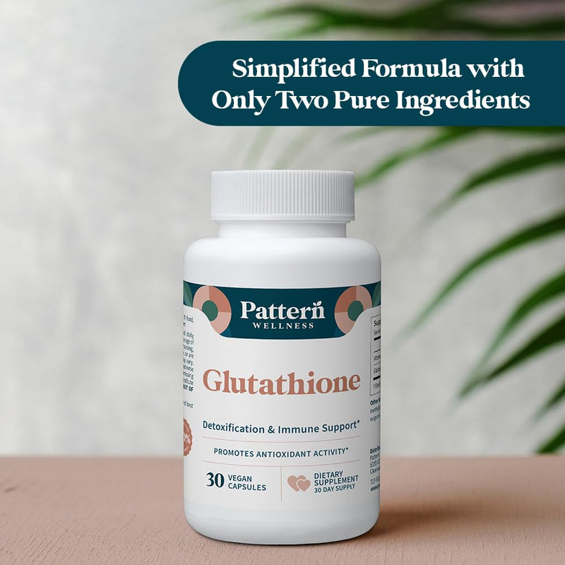 Pattern Wellness Glutathione Supplement – 30 Vegan Capsules | Active Reduced Glutathione Formula with Added Vitamin C - Cell, Antioxidant, + Immune Health Support 30 Count (Pack of 1)