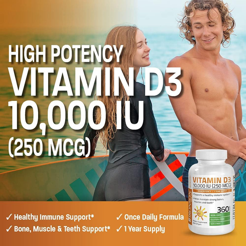 Bronson Vitamin D3 10,000 IU (250 mcg) Immune Support, 180 Softgels | Bone, Muscle, Teeth & Nervous System Support, Once-Daily, Non-GMO, Gluten-Free & Soy-Free 180 Count (Pack of 1)