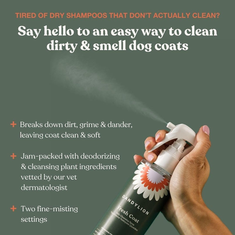 Dandylion Fresh Coat No-Rinse Dog Dry Shampoo Spray | Waterless Daily Cleansing Spray for Clean & Fresh Coat | Gentle Dry Shampoo for Dogs | Plant-Based, Fragrance Free & Vet Approved | 8.4 fl oz - PawsPlanet Australia