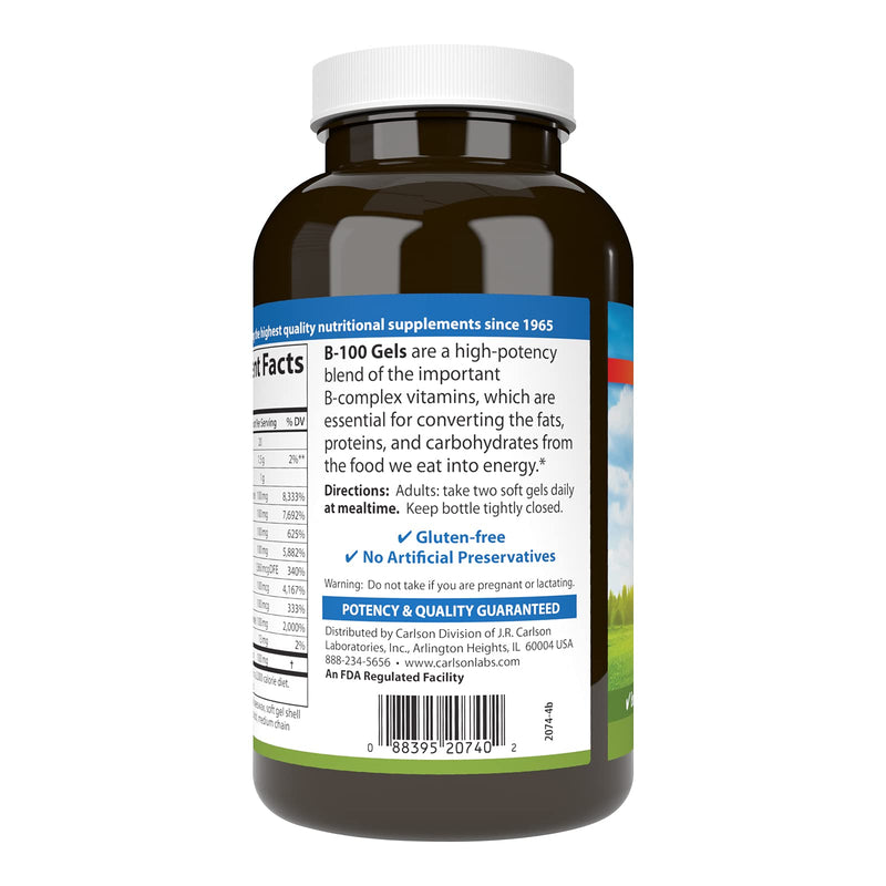 Carlson B-100 Gels, High-Potency Vitamin B Complex, 200 Softgels | Energy Production; Cellular Support; Optimal Wellness