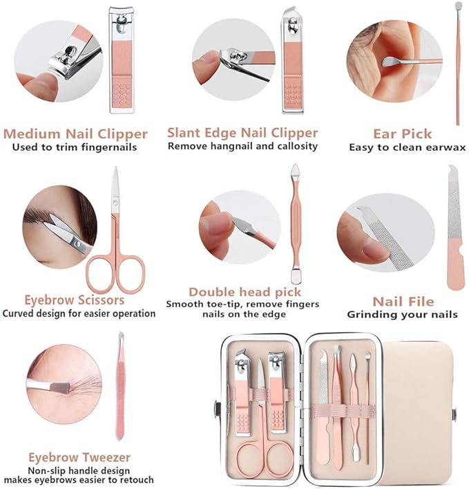 RuiChy Multifunctional Nail Clippers Set Manicure Set Professional Rose Gold Eyebrow Scissors Tweezers Nail File Nail Care Pedicure Grooming Kit with Case for Travel Use(8 Pcs) - BeesActive Australia