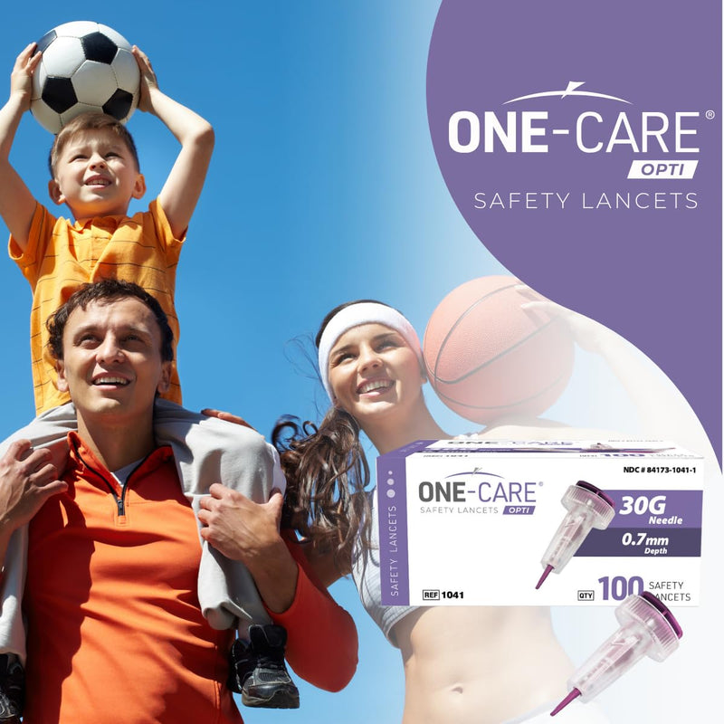 MediVena ONE-CARE Safety Lancets, 30G x 1.5mm, Push Button Activation, Gentle, Pre-Loaded, 3-Steps Only, Diabetes Testing, Sterile, Finger Self Prick Device, Glucose Monitor, Single Use, 100/Box - BeesActive Australia