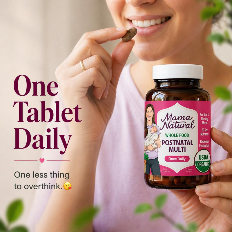 Mama Natural Organic Postnatal Vitamins for Women | One A Day Whole Food Postnatal Multivitamin for Breastfeeding & Postpartum Support | Non-GMO with Iron, Iodine & Moringa | 30 Servings
