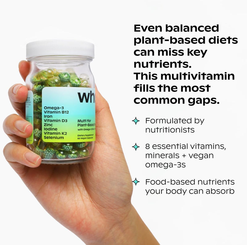 wholier Multi for Plant Based People Vegan DHA Omega 3 B12 Iron 60 Capsules | Supports Energy, Brain Health & Daily Wellness for Adults with Essential Nutrients Zinc, Iodine, Selenium & Vitamin K2