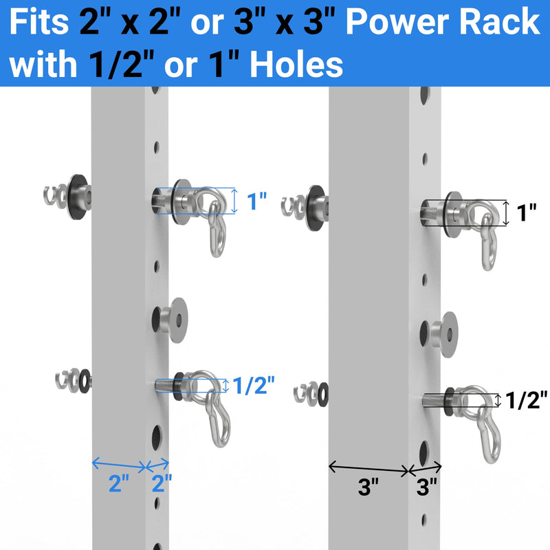 Set of 2 Heavy-Duty Stainless Steel Power Rack Attachments with Quick-Connect Buckles, Fits 2" x 2" or 3" x 3" Racks with 1/2" or 1" Holes, Wobble-Free and Secure Fit