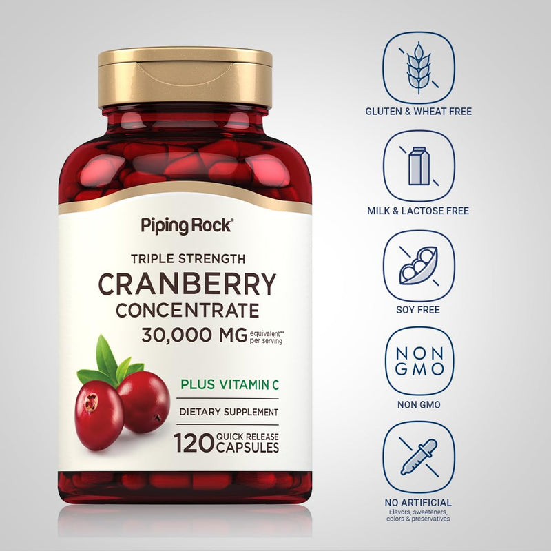 Piping Rock Cranberry Pills | 120 Capsules | Supplement for Women & Men | Triple Strength Concentrate Extract Plus Vitamin C | Non-GMO, Gluten Free