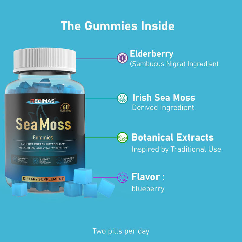 Sea Moss Gummies with Ashwagandha Root – Blueberry Flavor, 60 Count | Irish Seamoss Gummies Daily Wellness, Plant-Based Vegan Chewable Nutritional Supplement, Easy To Take