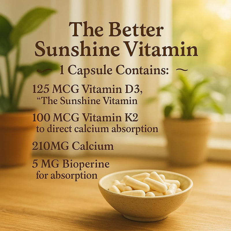 Me First Living Vitamin D3 K2 Supplement for Bone and Heart Health Non-GMO Formula 125 MCG Vitamin D3 & 100 MCG Vitamin K2 MK-7 Easy to Swallow Capsules with Calcium