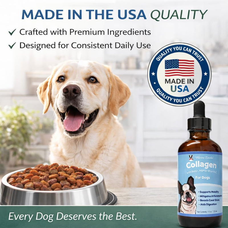 Warren London Liquid Collagen for Dogs – Skin & Coat Support, Joint Mobility Supplement with Collagen Peptides, MSM, Biotin & Vitamin C – Shedding Support Food Topper, Bacon Flavor, Made in USA