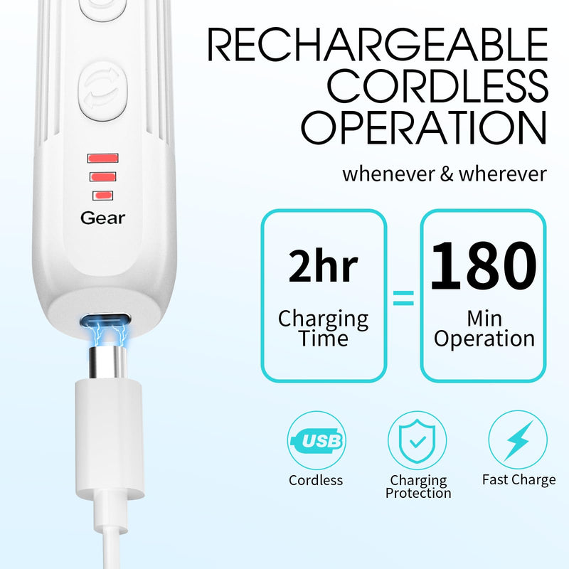 Electric Nail Drill, Professional Manicure Pedicure Kit, Cordless Electric Nail File Set, Rechargeable Pedicure Tools for feet, 3 Speeds Hand Foot Care Nail Drill for Thick Nail Toenail Cuticle-White White - BeesActive Australia