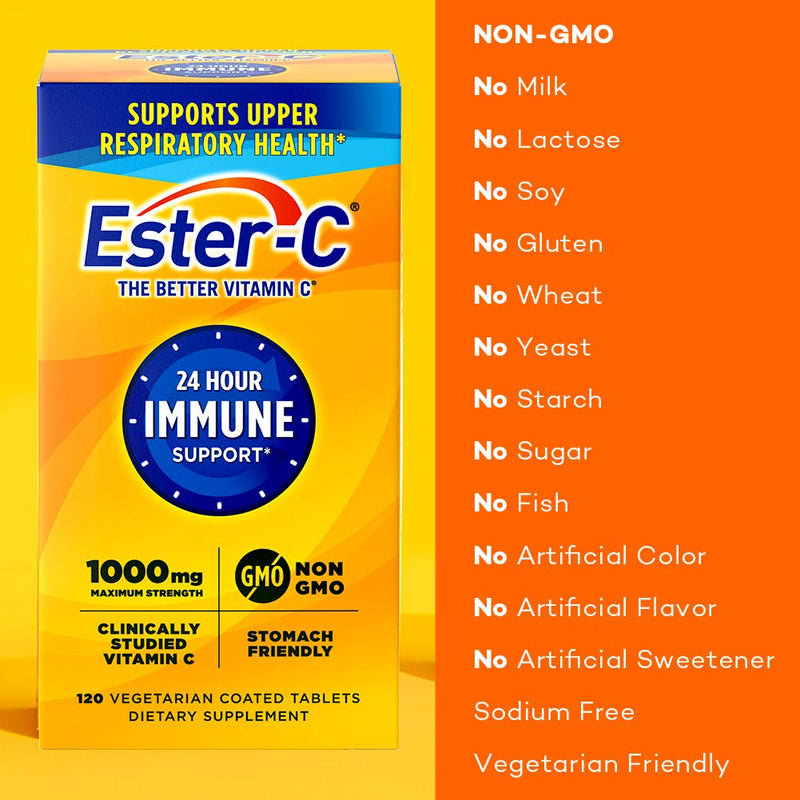 Ester-C Vitamin C 1000 mg Coated Tablets, 120 Count, Immune System Booster, Stomach-Friendly Supplement, Gluten-Free 120 Count (Pack of 1) - BeesActive Australia