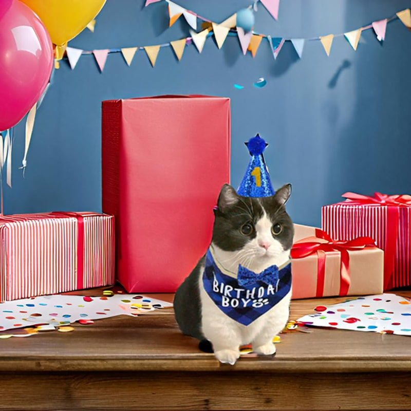 Cat Birthday Party Supplies Cat Kitten Bandanas,Cat Birthday Hat,Cat Birthday Number,Cat Birthday Banner,Cat Bowtie, 8 Letter Balloons,Birthday Outfit for Cat Kitten,cat Birthday Decoration.. - BeesActive Australia