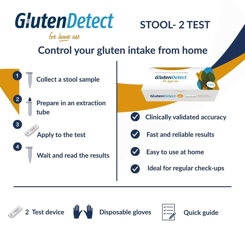Gluten Detect Kit (2 Tests) - Rapid Home Test for Evaluating Gluten-Free Diet and Accidental Exposure via Stool.