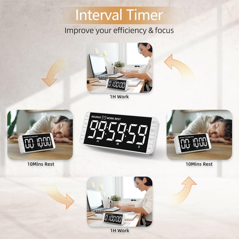 Rechargeable Kitchen Timer - 7.8" Extra Large Display, Magnetic LED, 5 Alarms, 99H Countdown/Countup for Cooking, Classroom, Home Gym White - BeesActive Australia